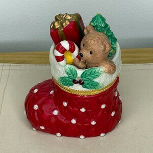 PartyLite Christmas Teddy Bear Hinged Gift Box Stocking Toys Trinket Keepsake